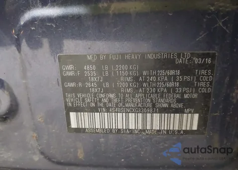 2016 Subaru Outback 3.6R Limited z USA, uszkodzony, nr VIN 4S4BSENCXG3309871